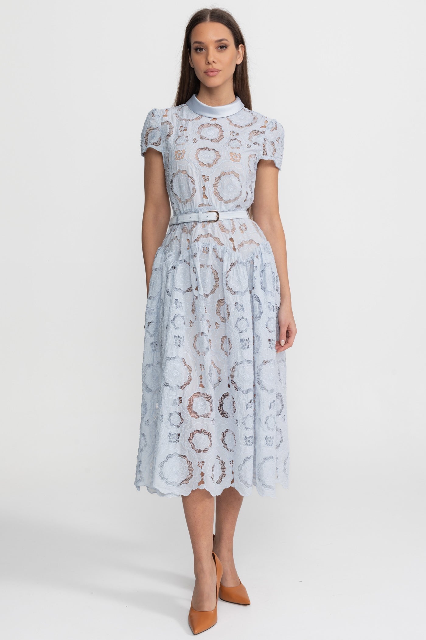 Floral Lace Midi Dress with Belted Waist Light Blue