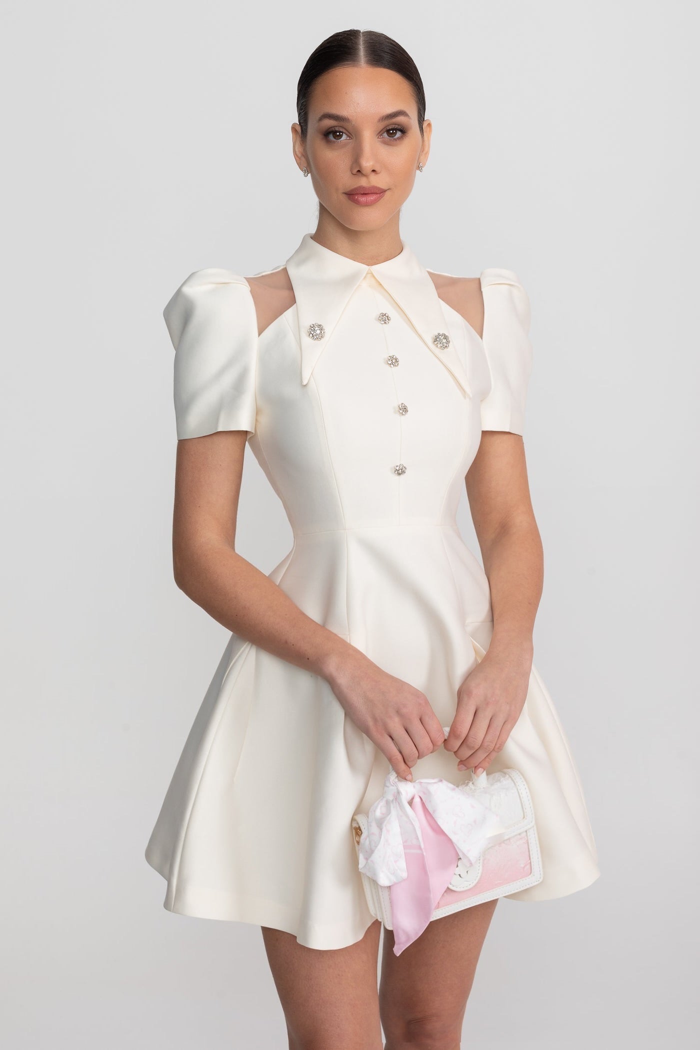 Puff Sleeve Mini Dress With Pointed Collar And Crystal Button Front - Ivoire