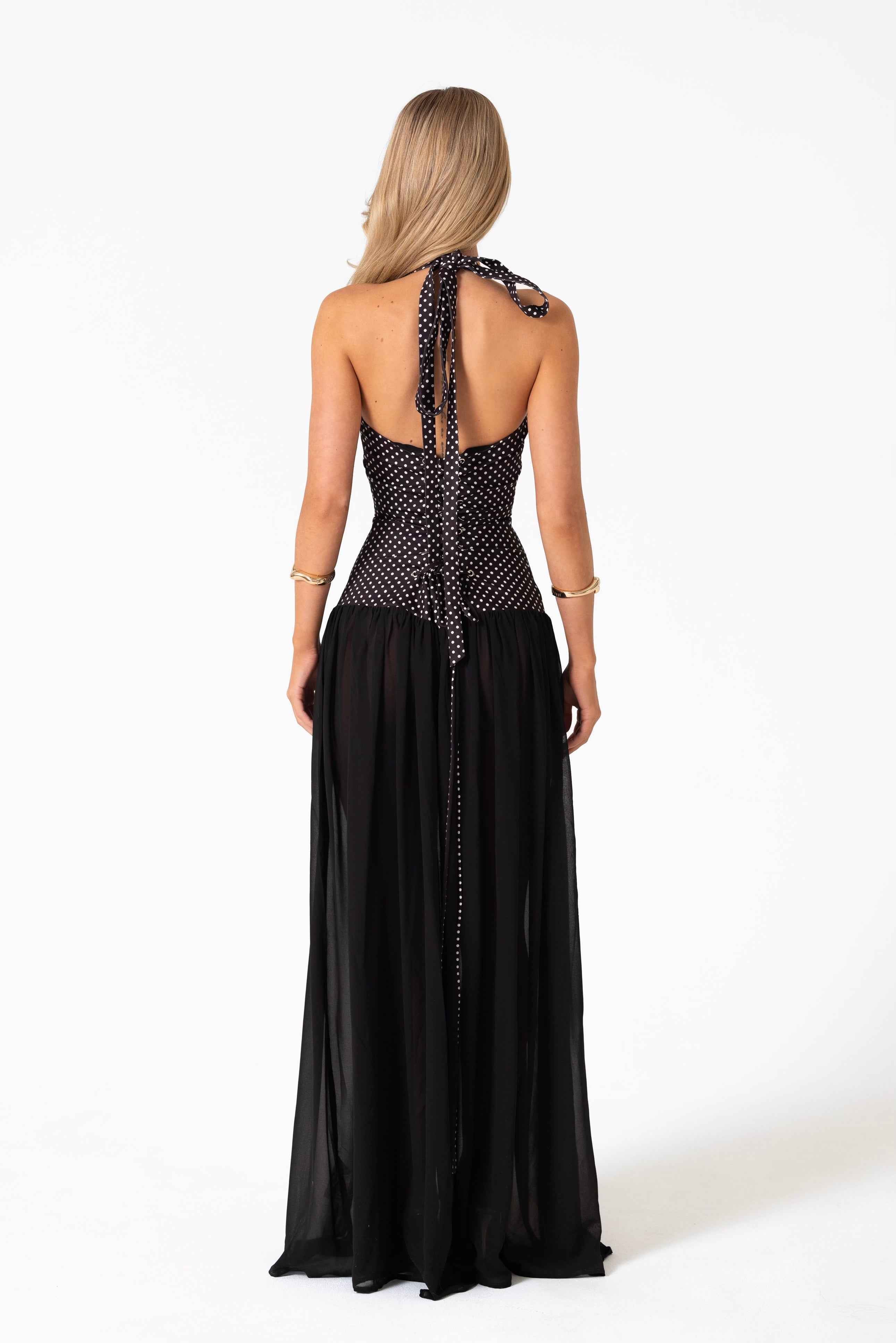 Adeline Maxi Dress - Black Polka Dot Halterneck