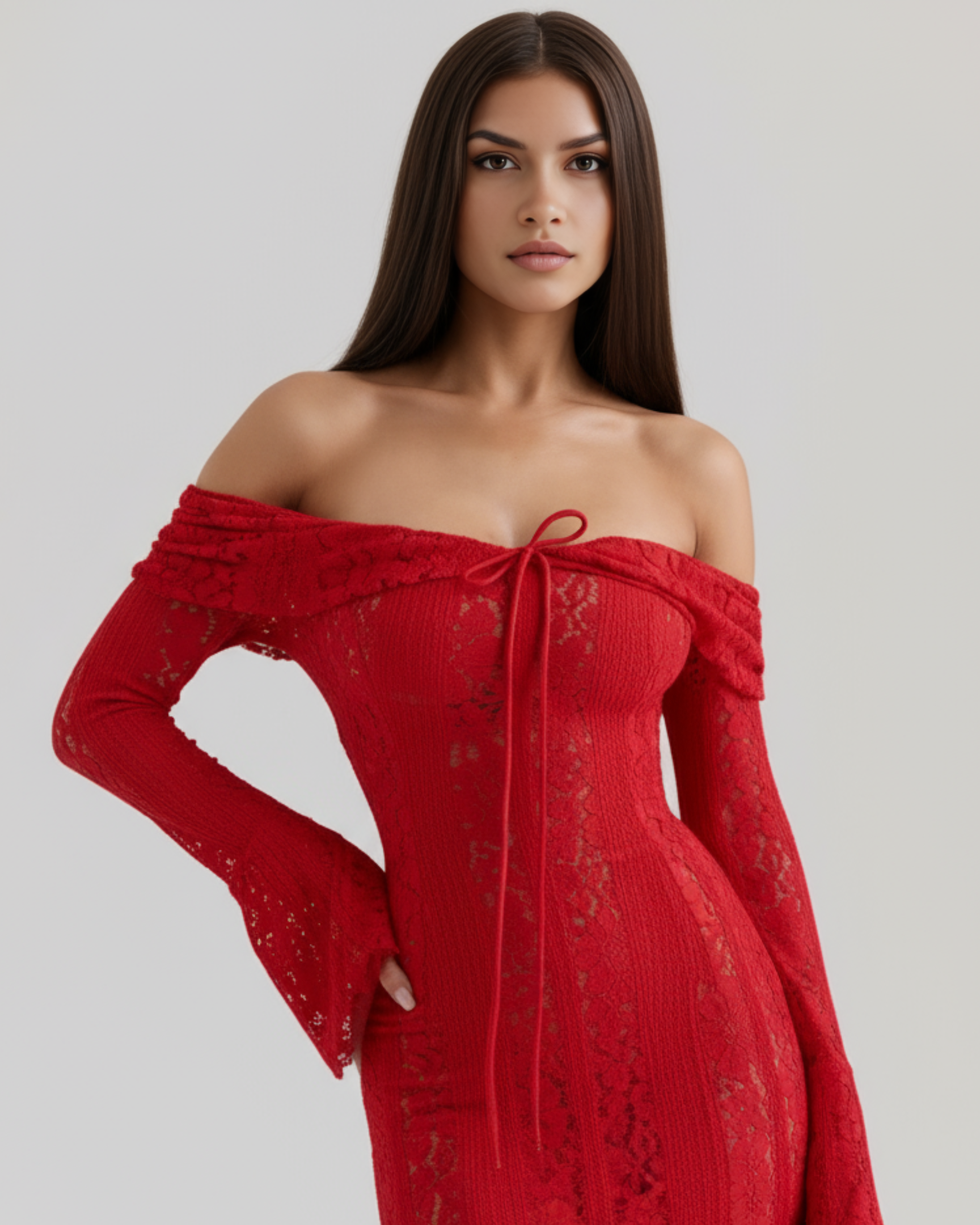 Red Stretch Floral Lace, Off-Shoulder Boned Bodice, Evening Wear