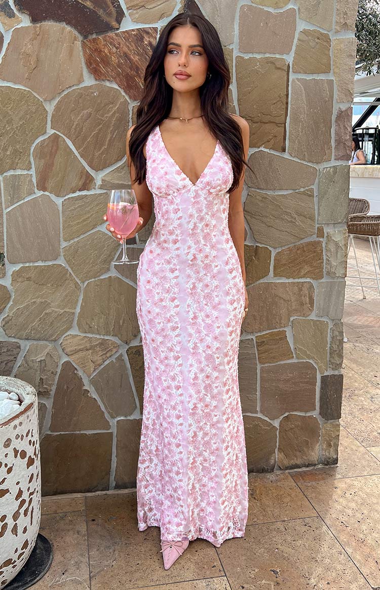 Farida Lace Backless Maxi Wedding Guest Dress - Pink