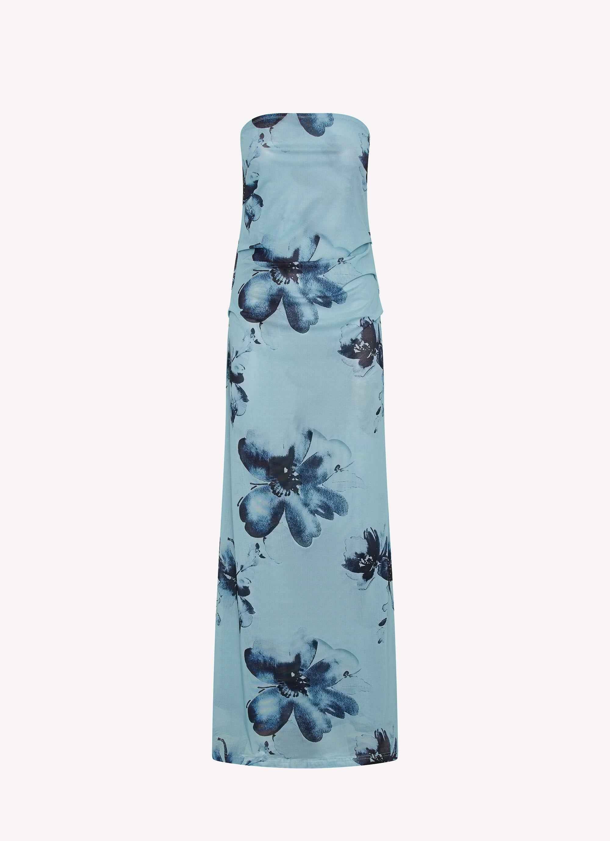 Field Of Dreams Maxi Dress - Blue Black Floral Strapless