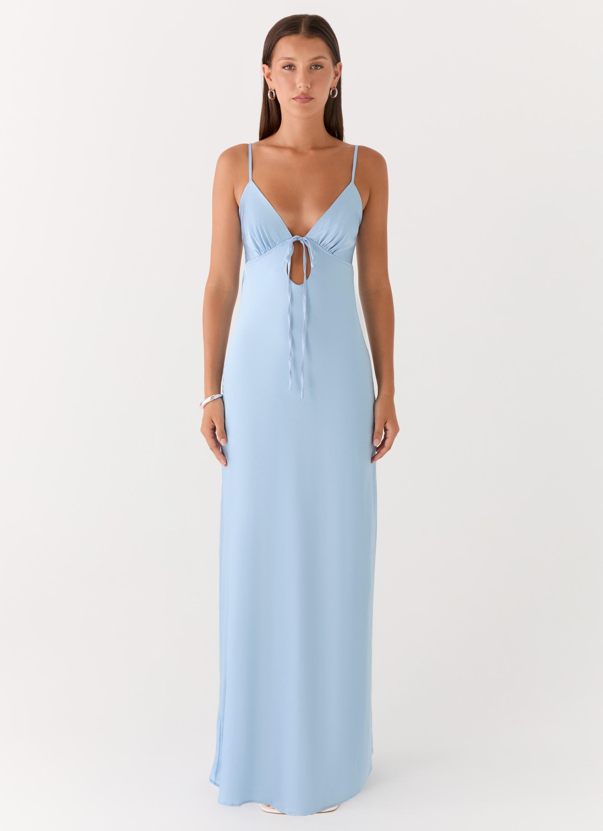 Flora Maxi Dress - Ice Blue Satin Tie-Front