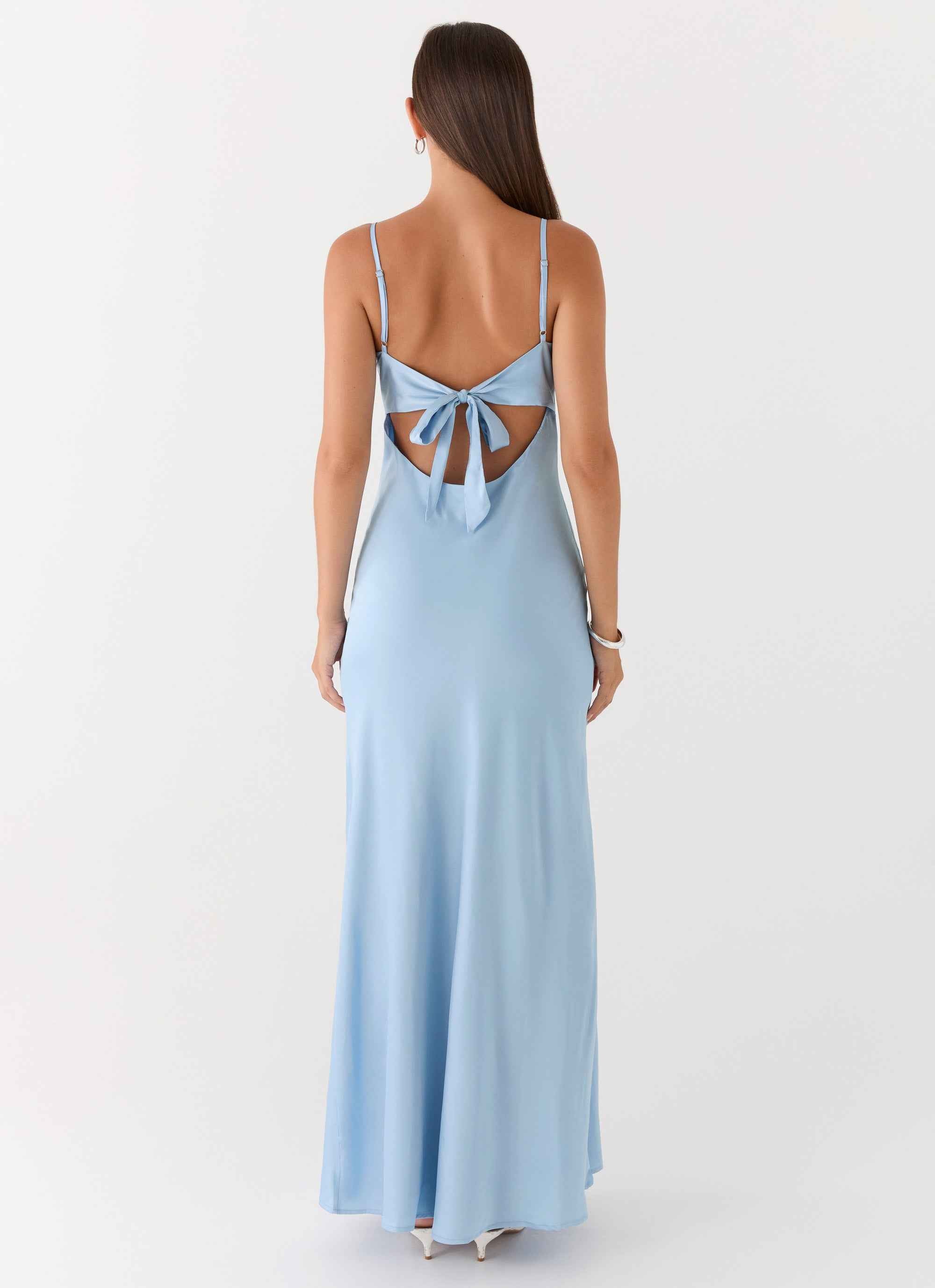Flora Maxi Dress - Ice Blue Satin Tie-Front