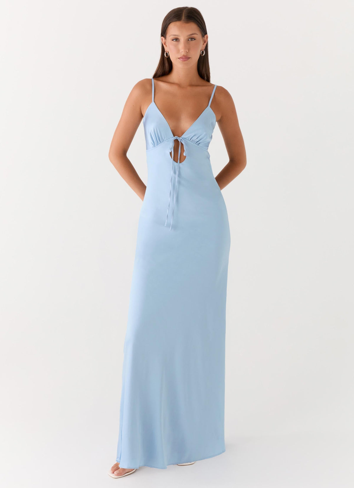 Flora Maxi Dress - Ice Blue Satin Tie-Front