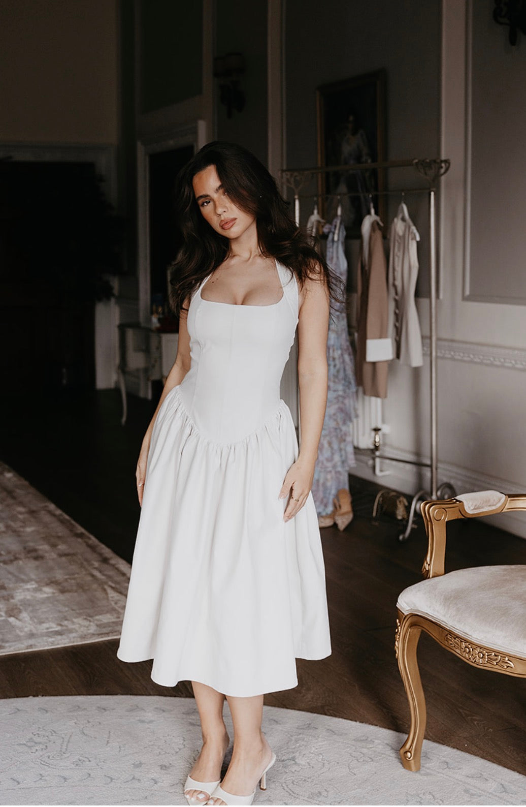 BLYTHE Halterneck Structured Midi Dress In Ivory