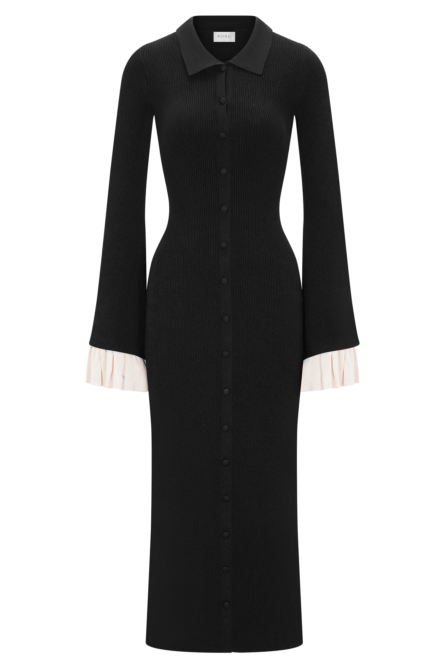 Amirose Black Ruffle Knit Midi Dress