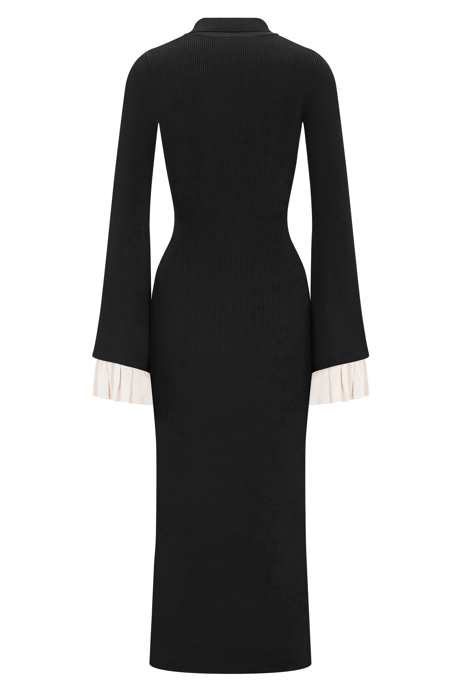 Amirose Black Ruffle Knit Midi Dress