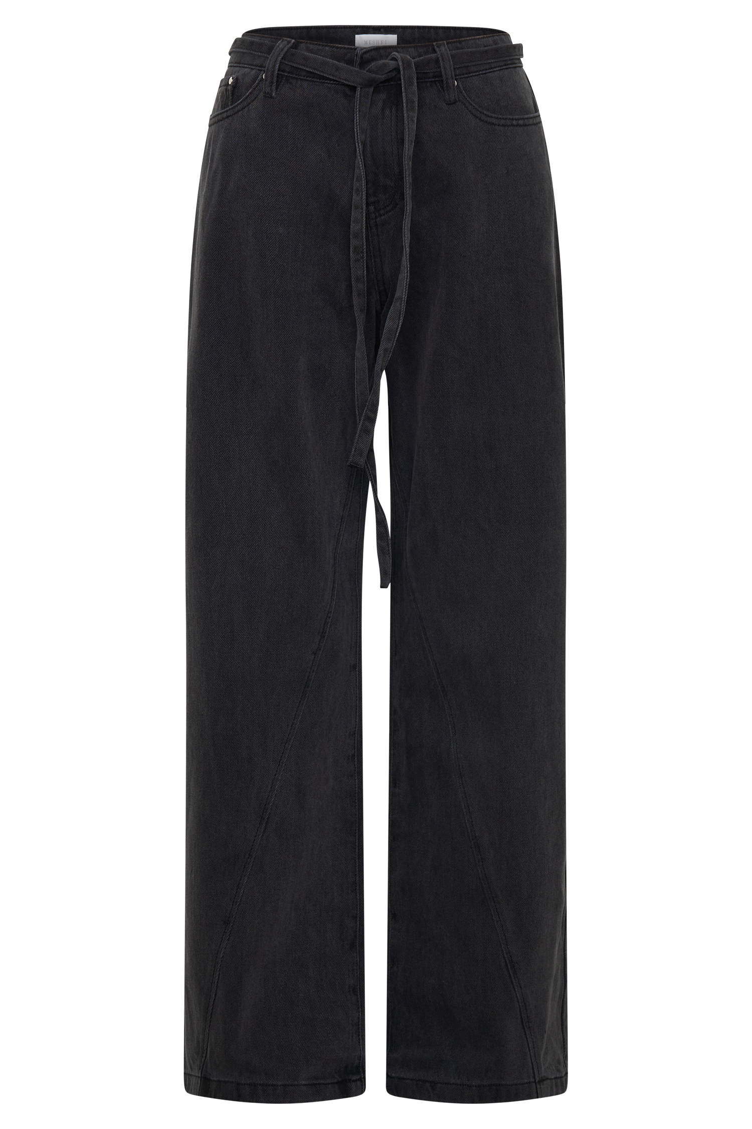 Perrie Washed Black Mid Rise Straight Leg Tie Jeans