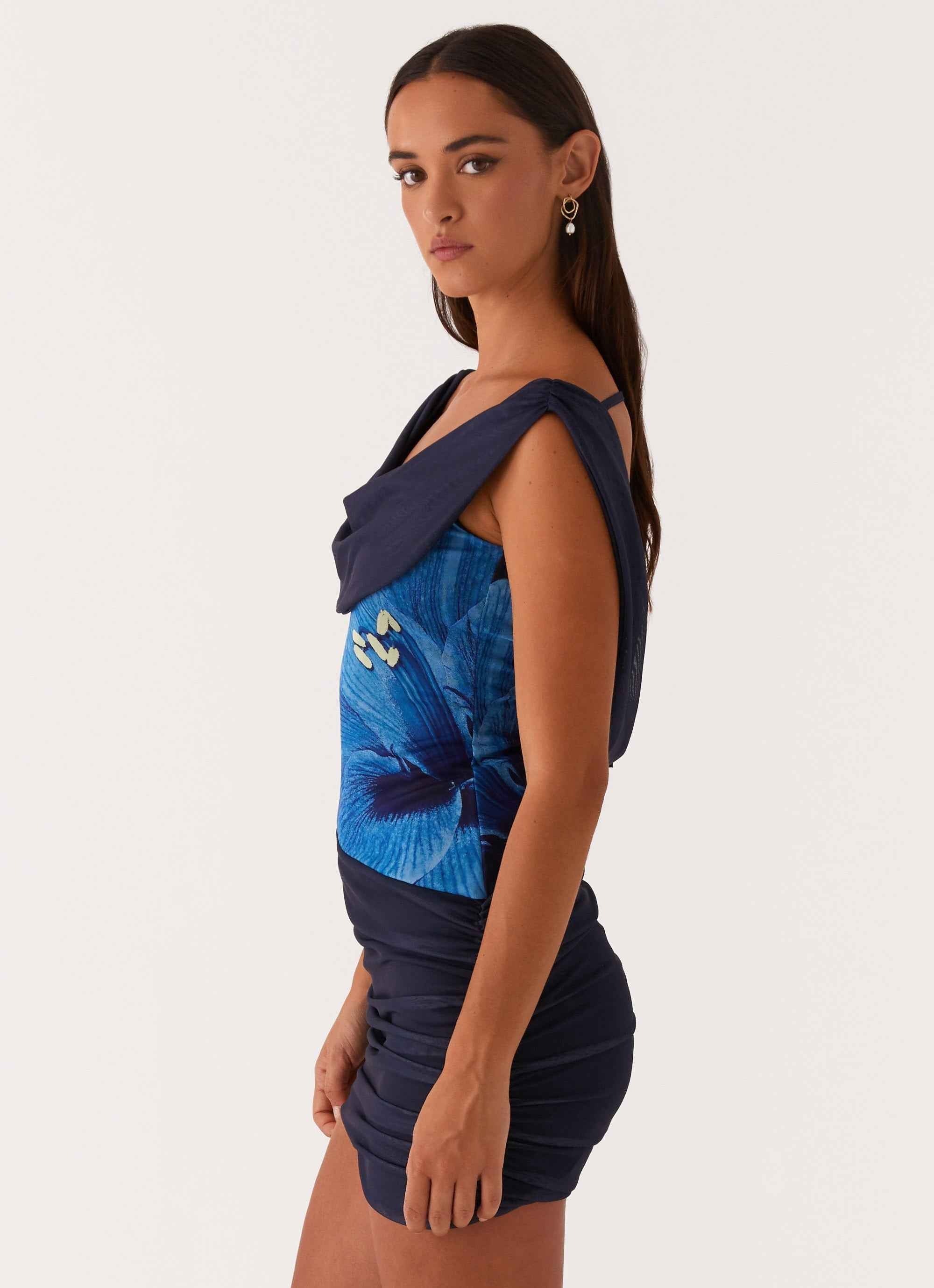 Good Fortune Mini Dress - Navy Off-Shoulder Cowl