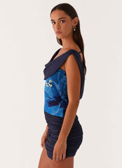 Good Fortune Mini Dress - Navy Off-Shoulder Cowl