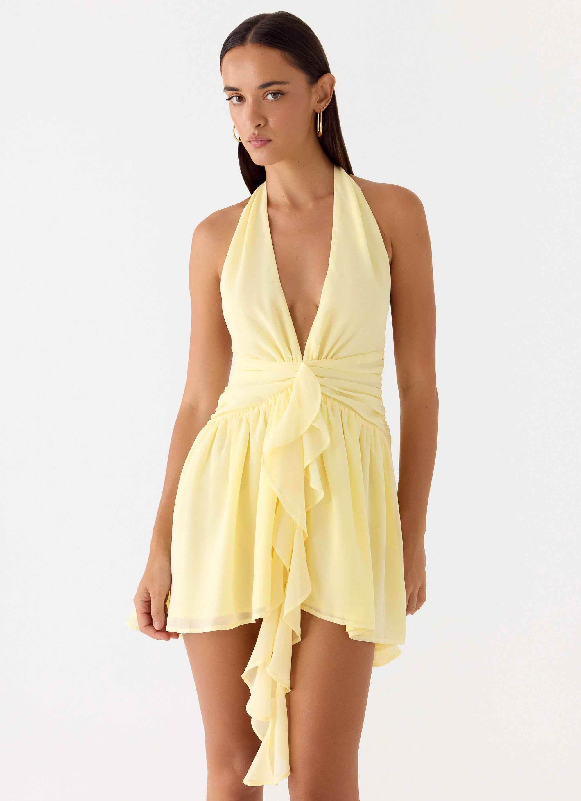 Guide You Mini Dress - Yellow Halter Neck