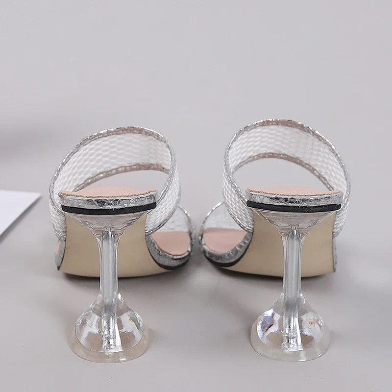 Size 45 46 Elegant Square Toe Transparent Spike Heels Pumps Mesh Slippers Summer Women Gold Sandals