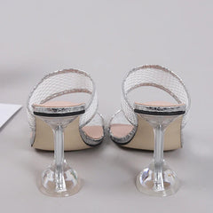 Size 45 46 Elegant Square Toe Transparent Spike Heels Pumps Mesh Slippers Summer Women Gold Sandals