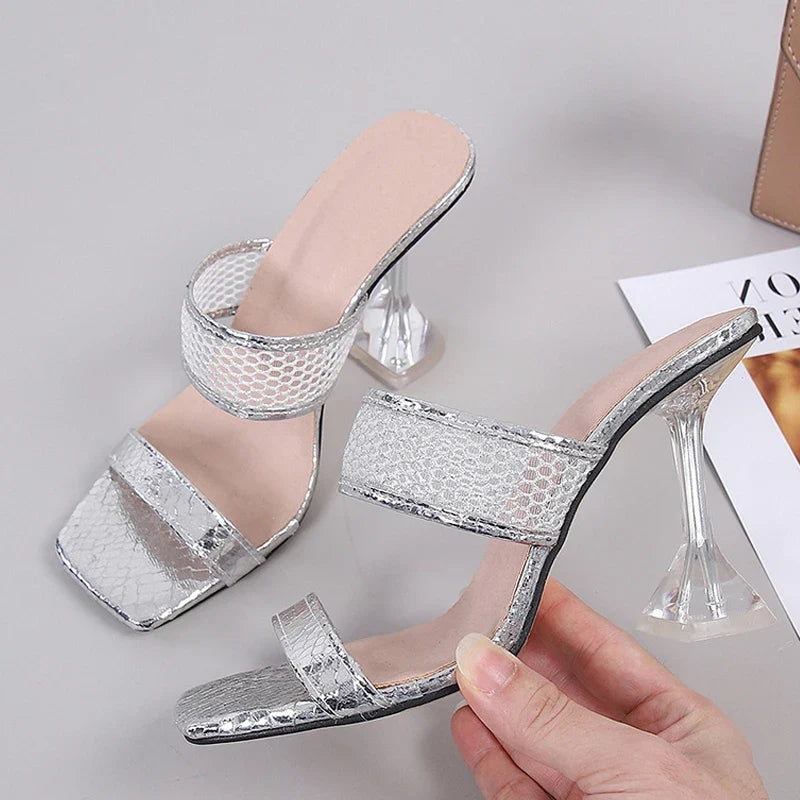 Size 45 46 Elegant Square Toe Transparent Spike Heels Pumps Mesh Slippers Summer Women Gold Sandals