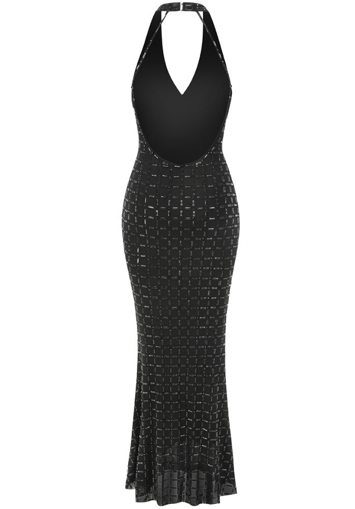 Halter Bustier Embellished Maxi Dress Black
