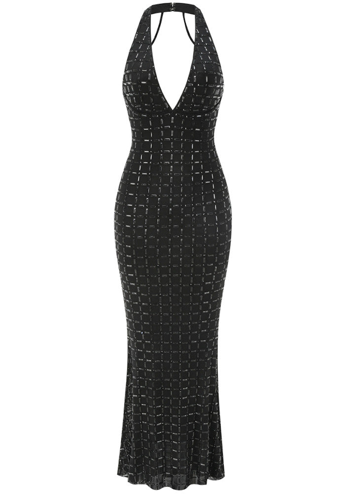 Halter Bustier Embellished Maxi Dress Black