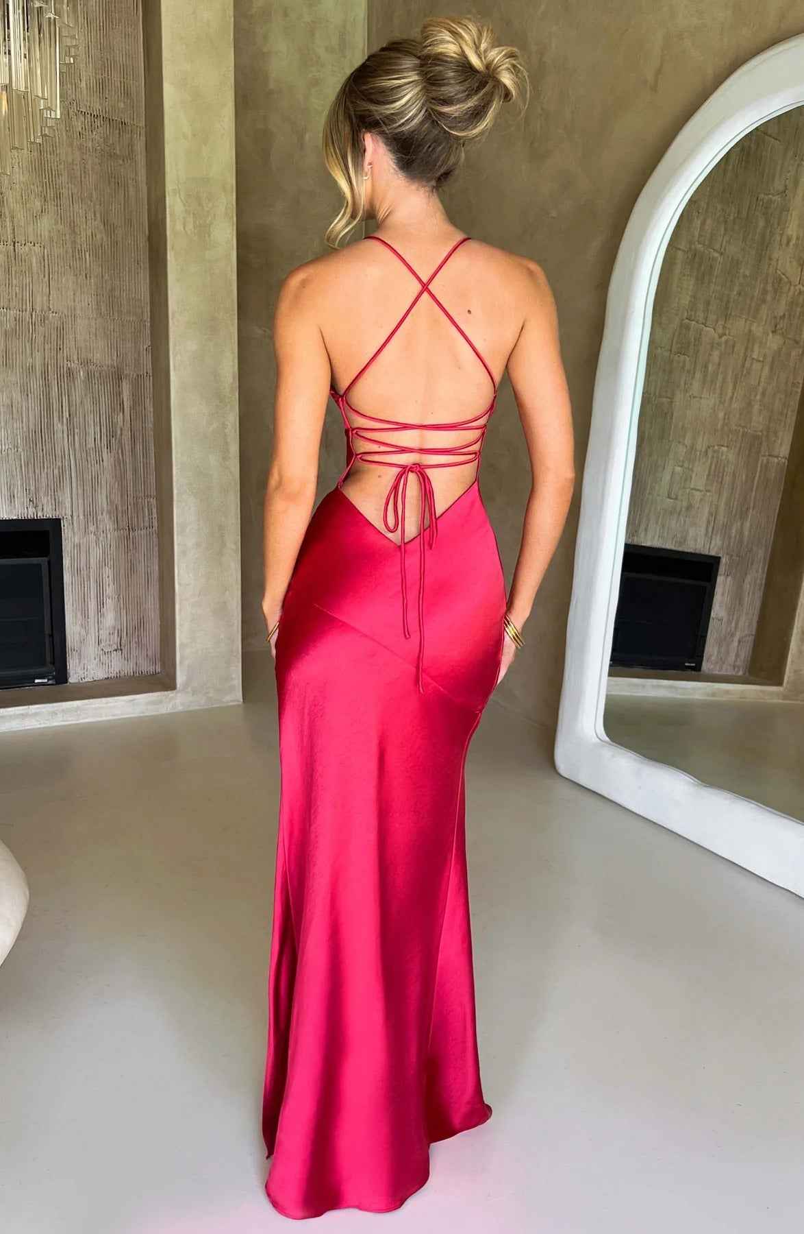 Women's Sleeveless Slit Silk Maxi Wedding Guest Dress