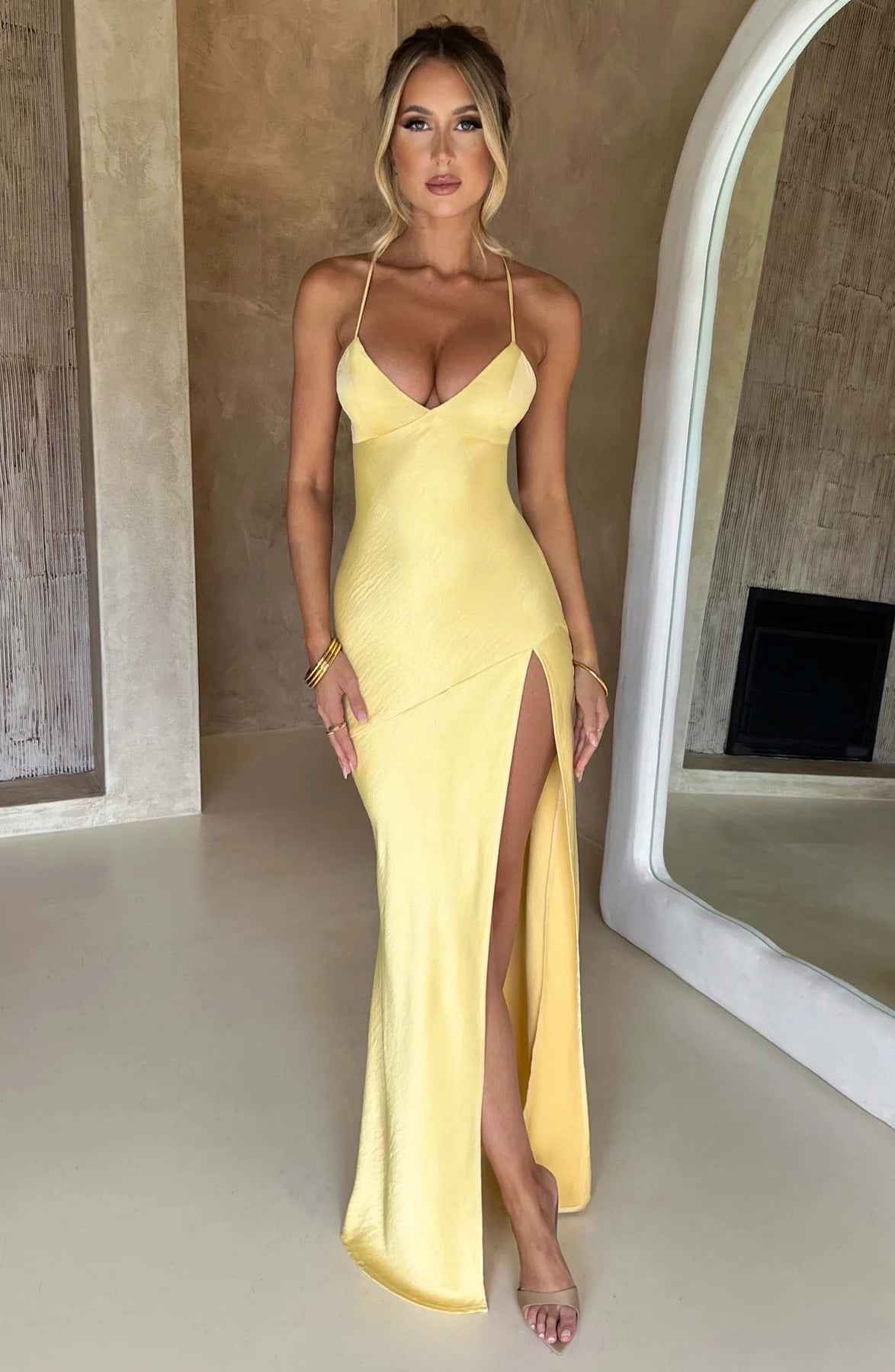 Women's Sleeveless Slit Silk Maxi Wedding Guest Dress