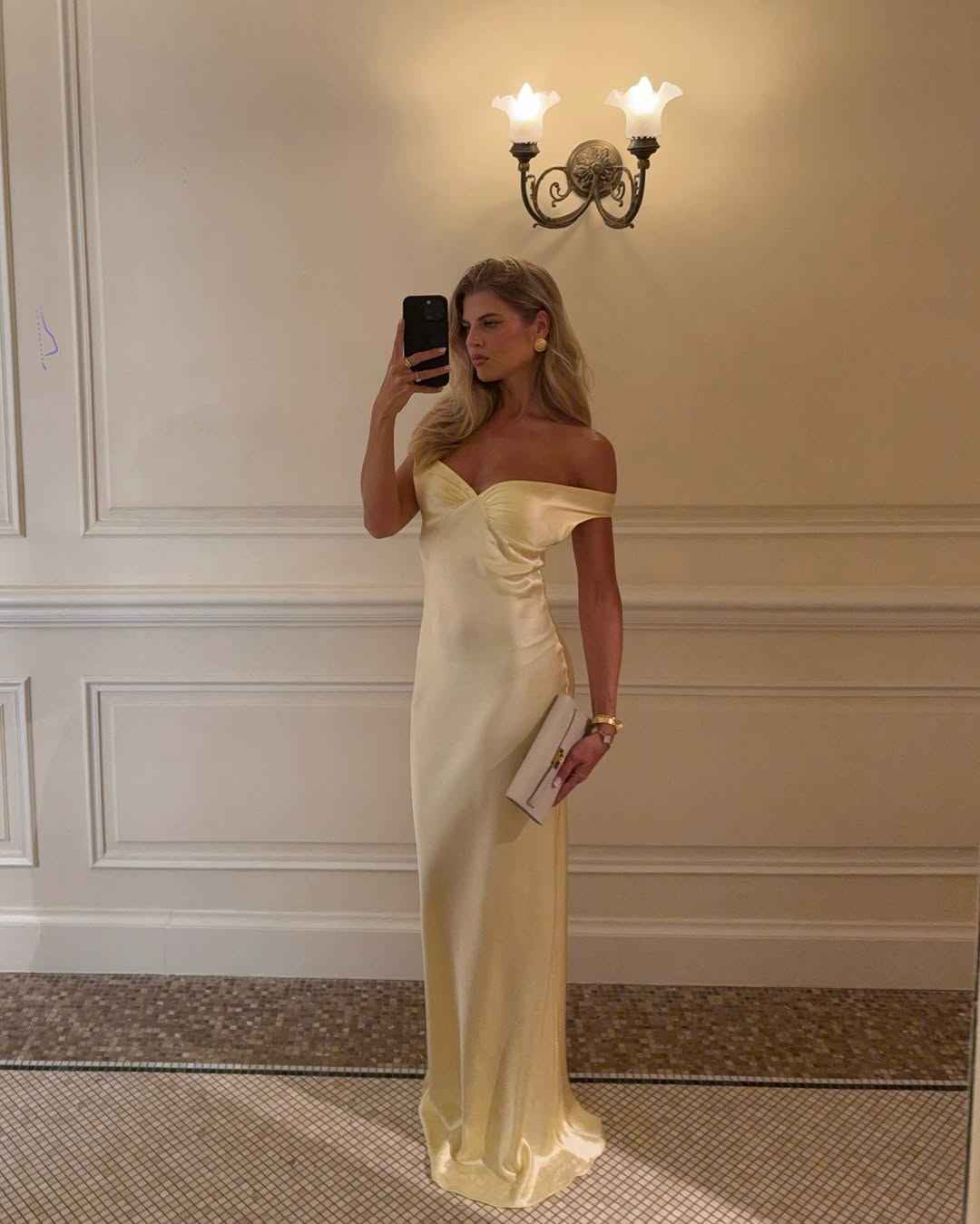 Women's Off-Shoulder Satin Maxi Wedding Guest Dress