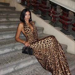 Women's Leopard Print Halter Tie-Backless Maxi Summer Dress