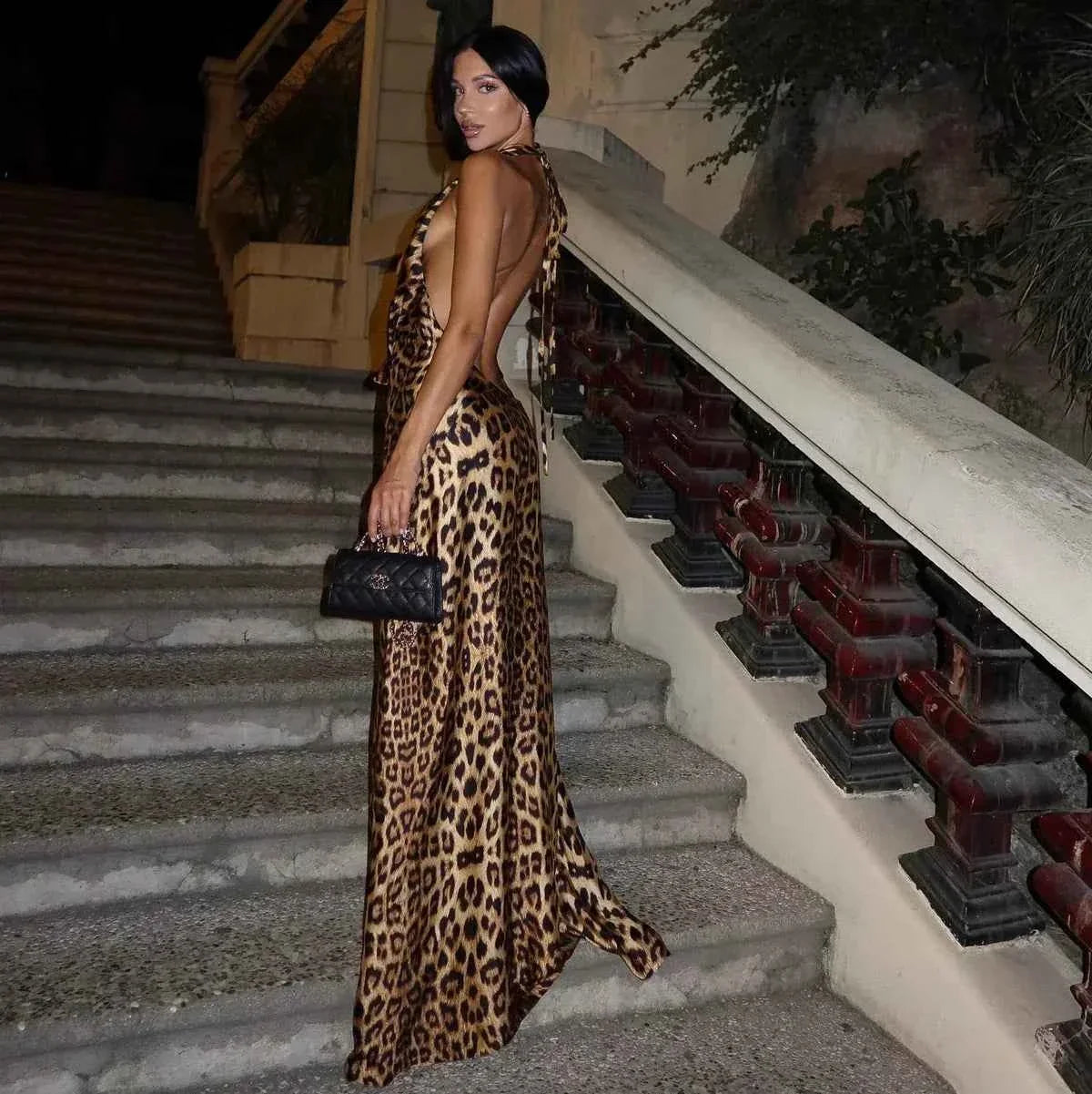 Women's Leopard Print Halter Tie-Backless Maxi Summer Dress