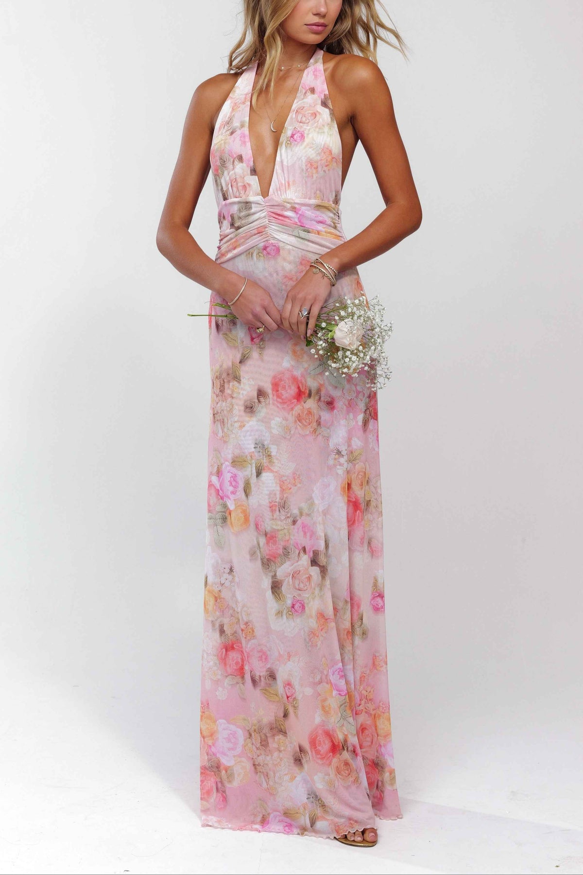 Women's Floral Deep V-Neck Maxi Wedding Guest Dress