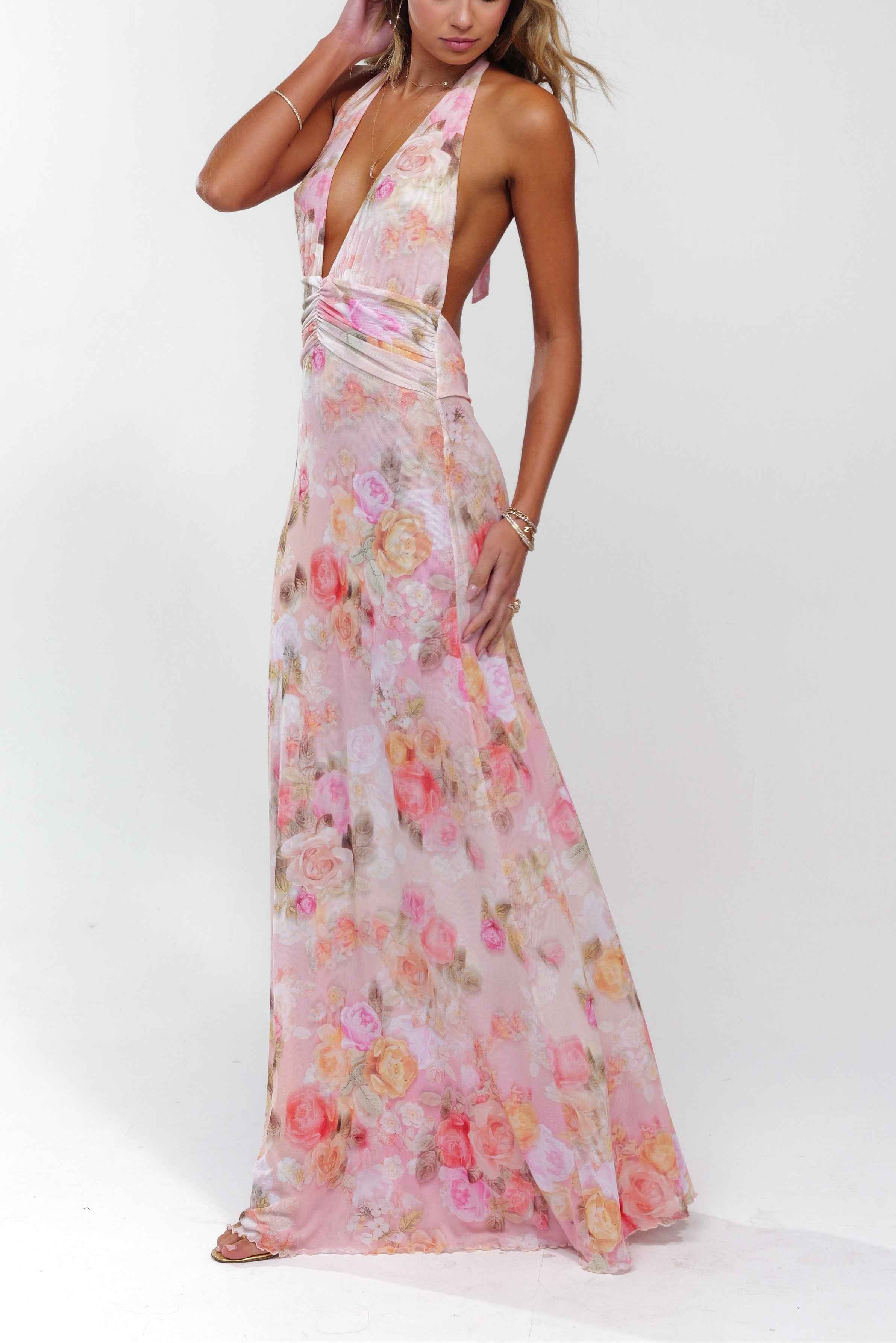 Women's Floral Deep V-Neck Maxi Wedding Guest Dress