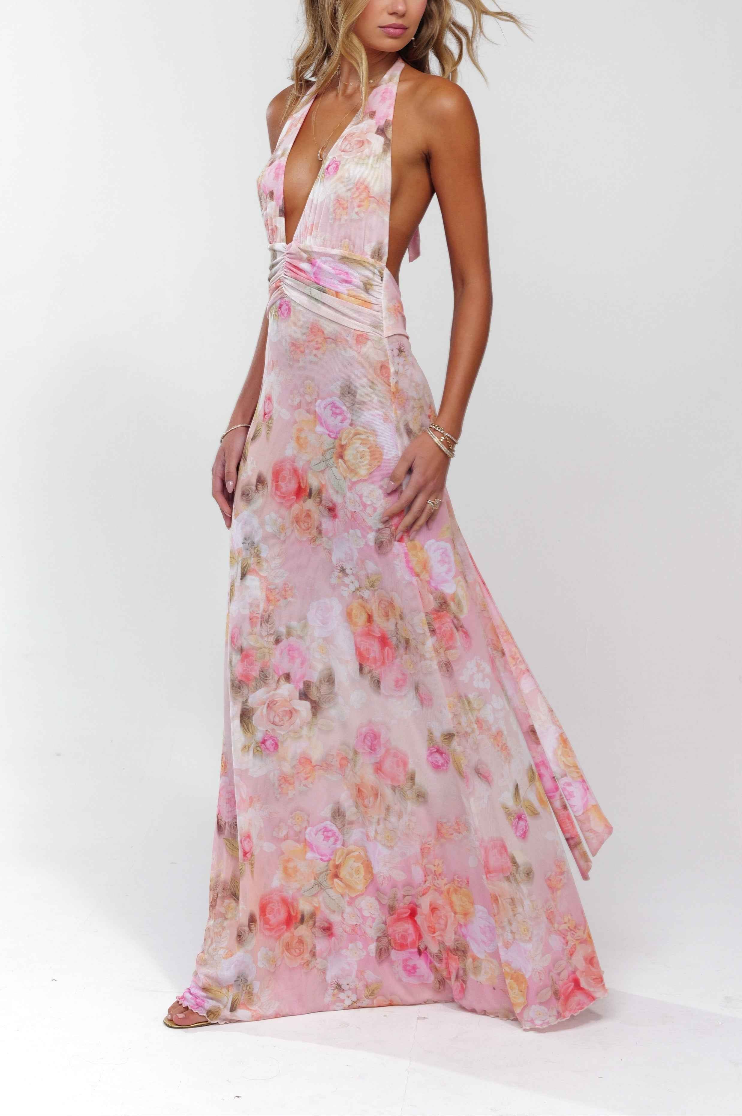 Women's Floral Deep V-Neck Maxi Wedding Guest Dress
