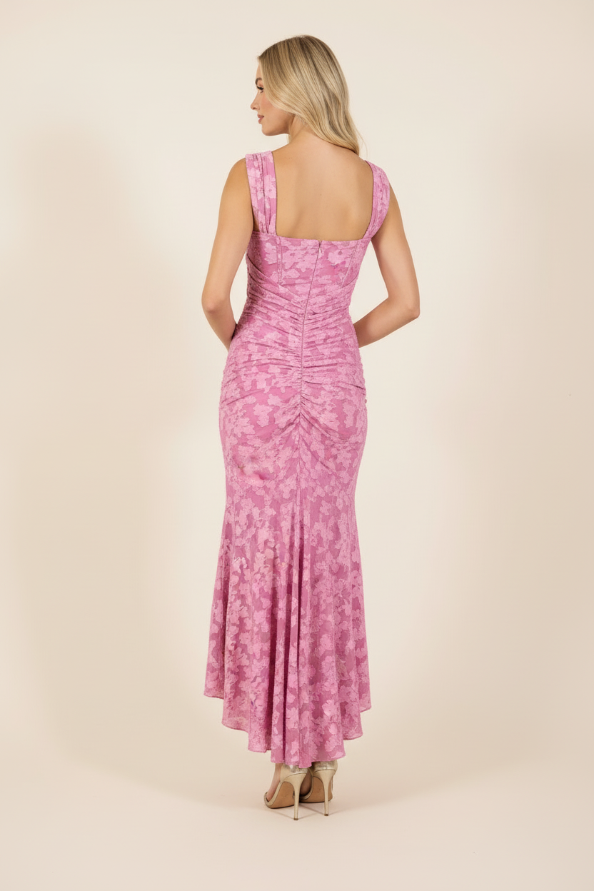 Women's Sleeveless Draped Floral Maxi Wedding Guest Dress