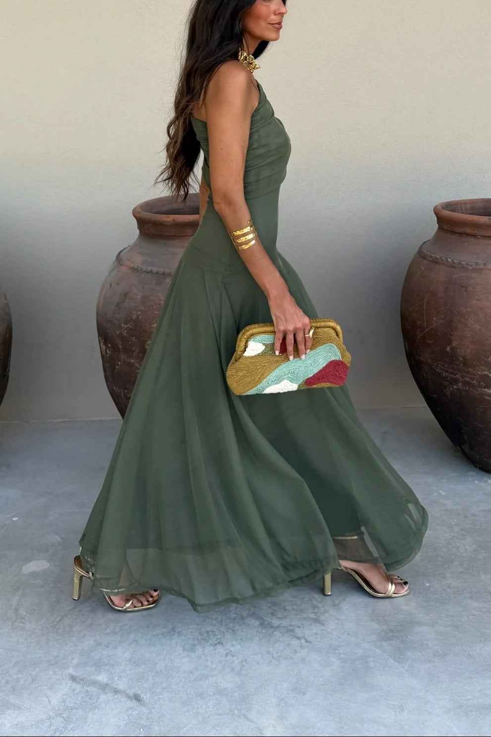 Women's One-Shoulder Mesh Maxi Summer Dress