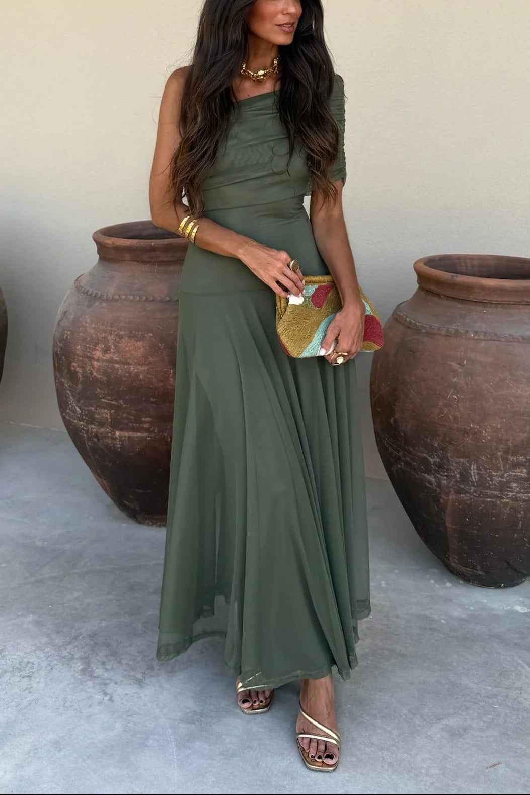 Women's One-Shoulder Mesh Maxi Summer Dress
