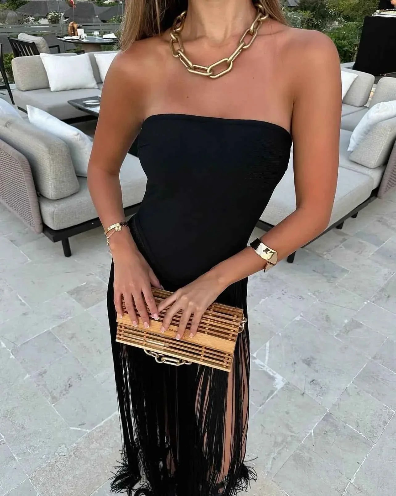 Women's Strapless Bandage Fringe Panel Summer Dress