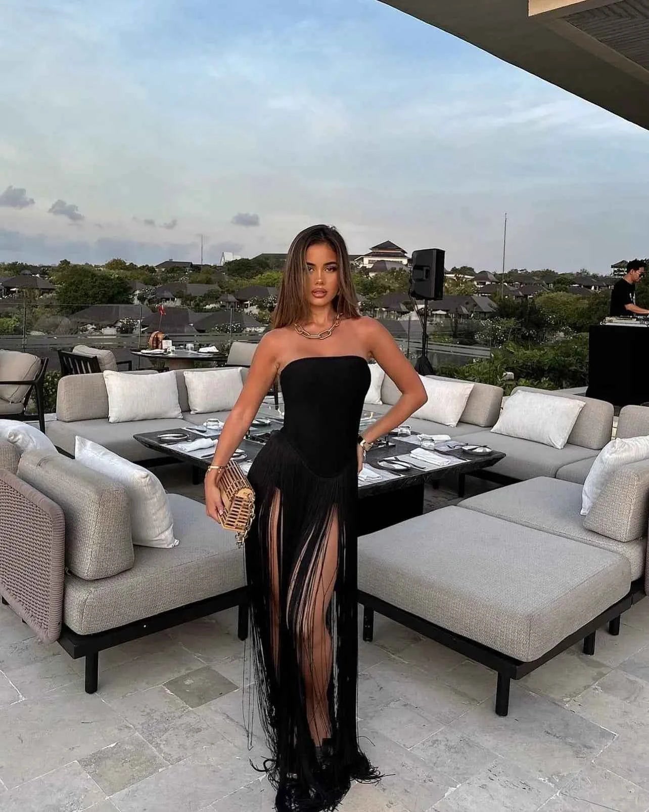 Women's Strapless Bandage Fringe Panel Summer Dress