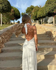 Women's Sleeveless Halter V-Neck Pleated Maxi Summer Dress