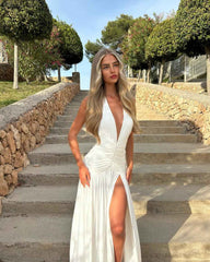 Women's Sleeveless Halter V-Neck Pleated Maxi Summer Dress