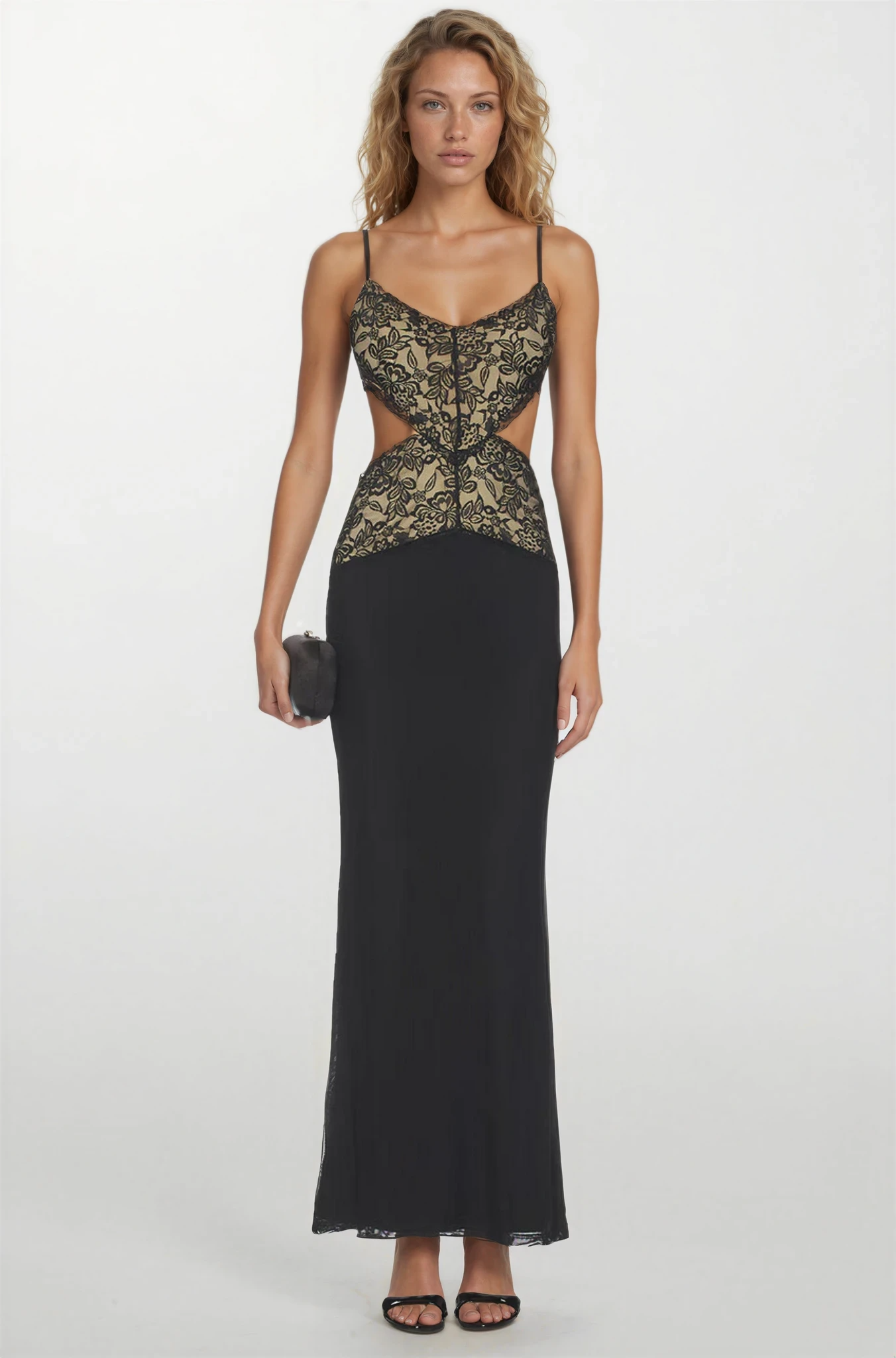 Women's Spaghetti Strap Lace Cut-Out Back Tie Maxi Dress