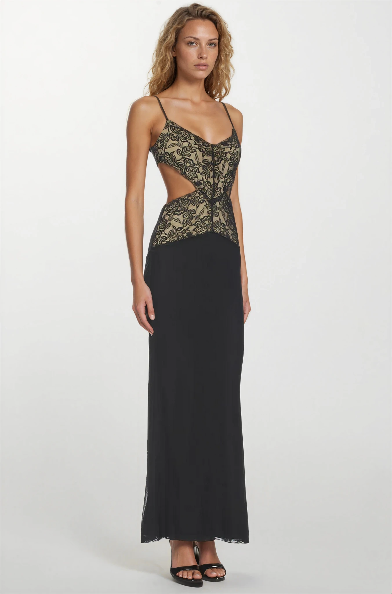 Women's Spaghetti Strap Lace Cut-Out Back Tie Maxi Dress