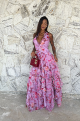 Women's Floral Sleeveless Ruffle Maxi Wedding Guest Dress