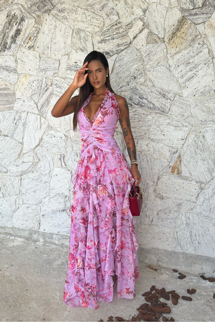 Women's Floral Sleeveless Ruffle Maxi Wedding Guest Dress