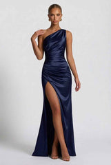 Women's One-Shoulder Satin Maxi Prom Dress with Split