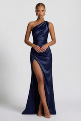 Women's One-Shoulder Satin Maxi Prom Dress with Split