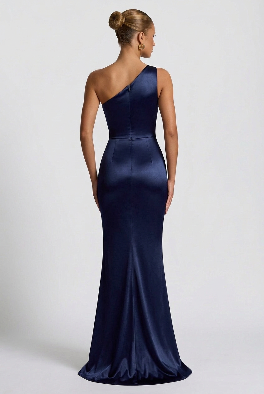 Women's One-Shoulder Satin Maxi Prom Dress with Split