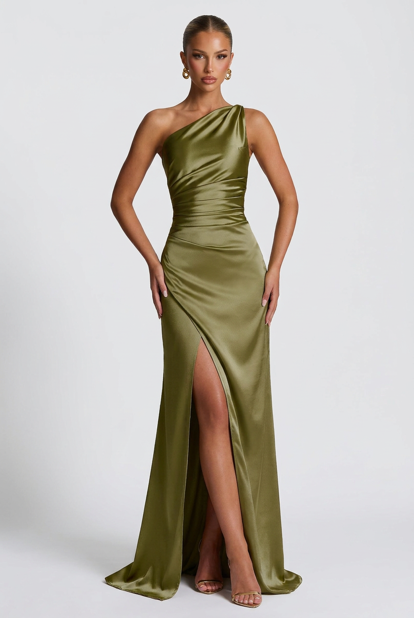 Women's One-Shoulder Satin Maxi Prom Dress with Split