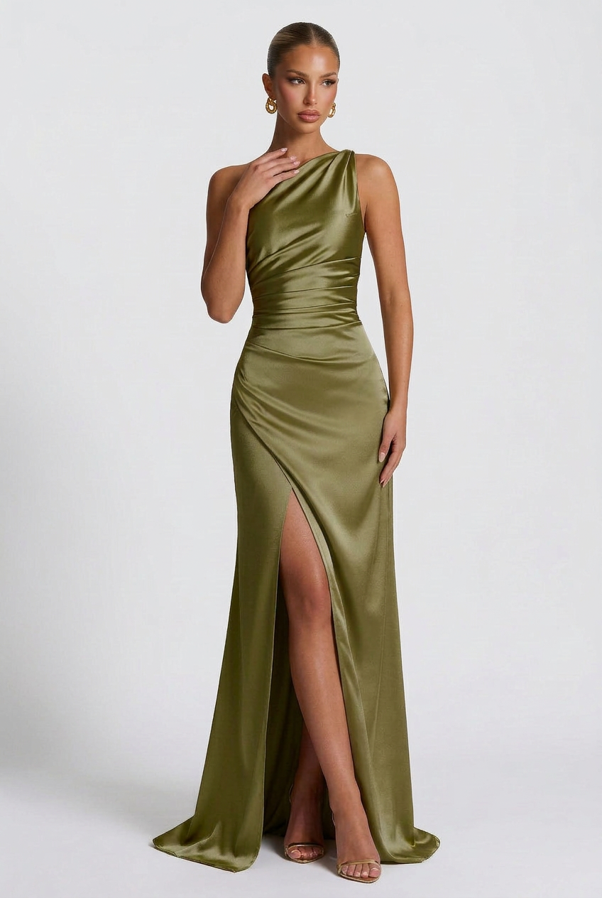 Women's One-Shoulder Satin Maxi Prom Dress with Split