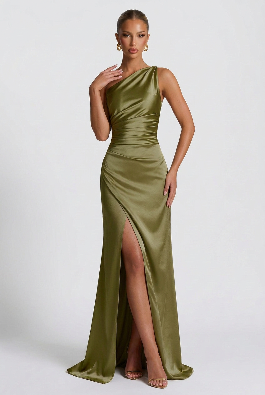 Women's One-Shoulder Satin Maxi Prom Dress with Split
