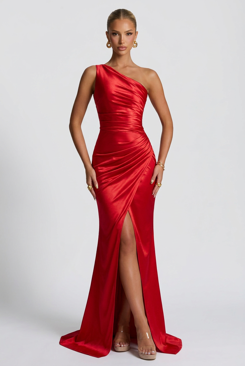 Women's One-Shoulder Satin Maxi Prom Dress with Split
