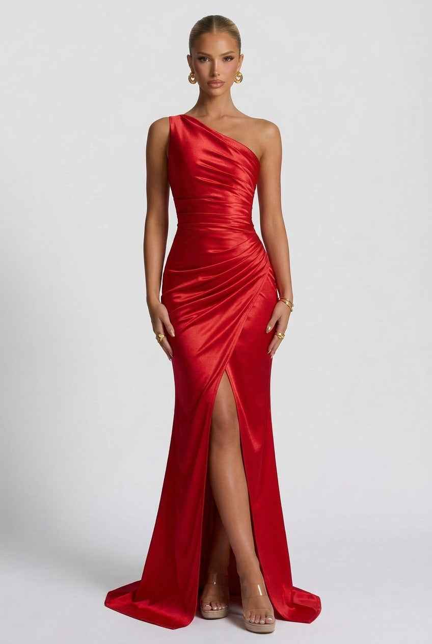 Women's One-Shoulder Satin Maxi Prom Dress with Split