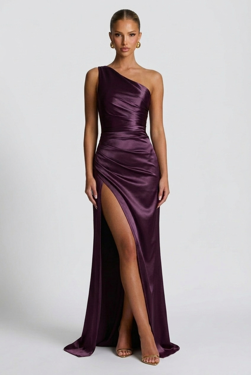 Women's One-Shoulder Satin Maxi Prom Dress with Split