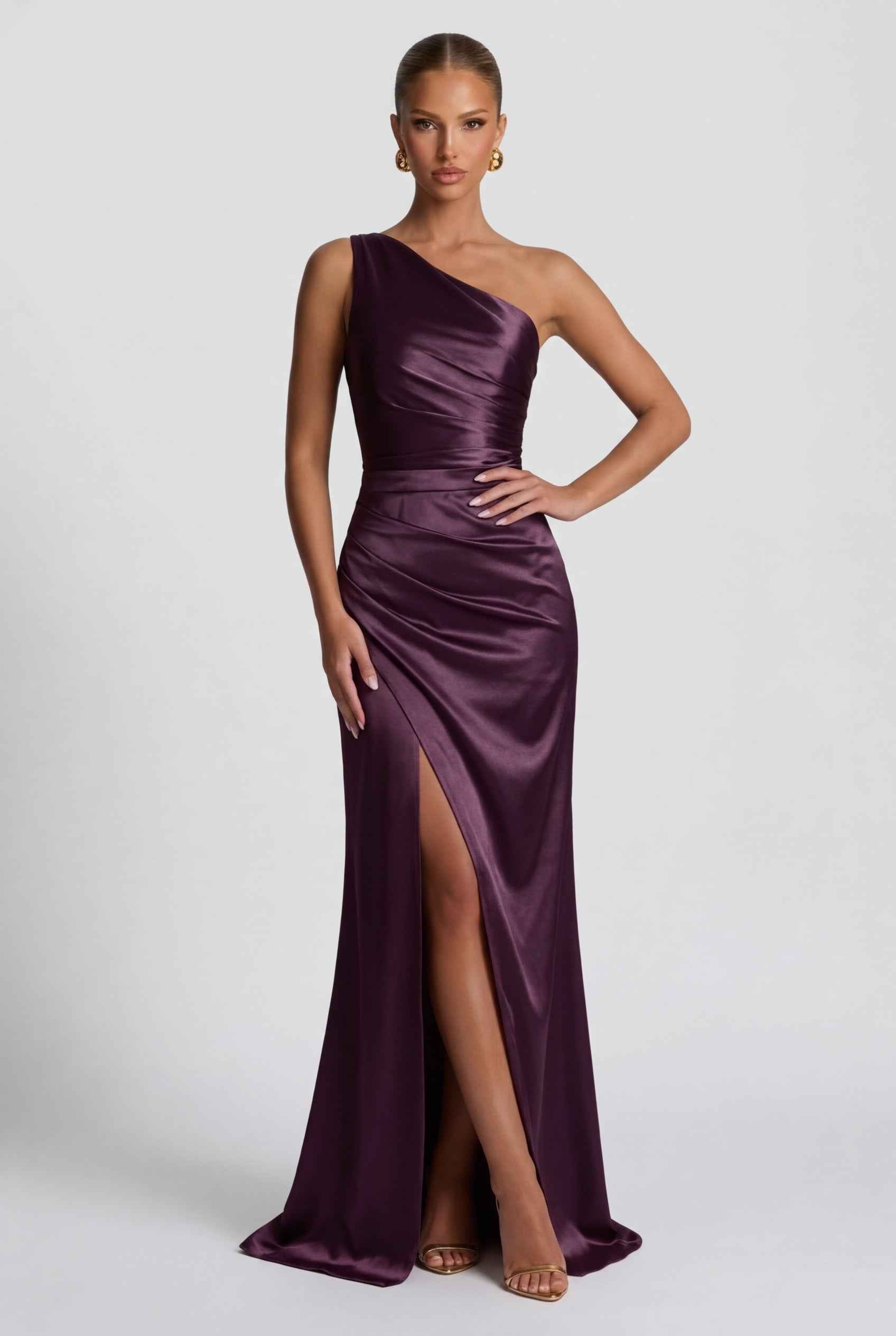Women's One-Shoulder Satin Maxi Prom Dress with Split